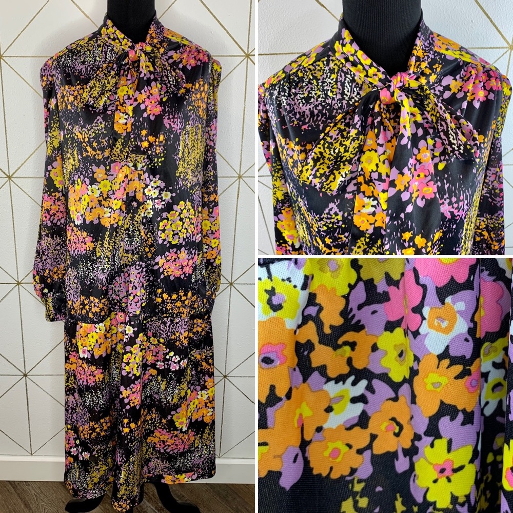 Psychedelic Floral Secretary Dress with Bow Drop Waist with Button details